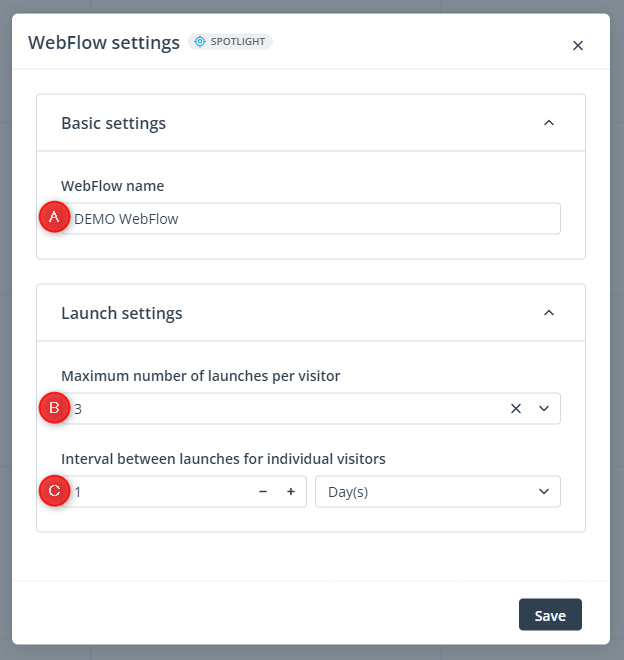 webflow settings launch