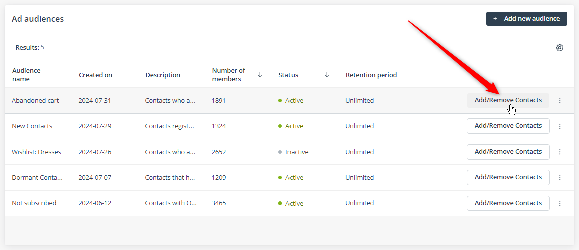ad audiencess add remove contacts