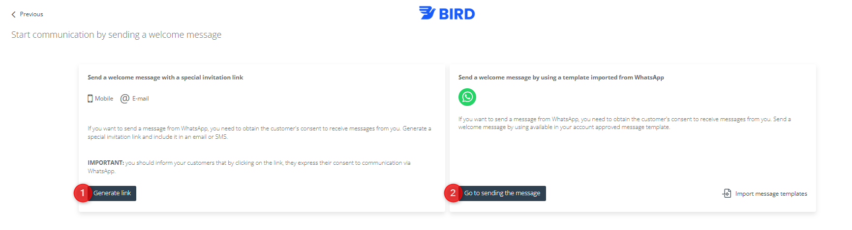 whatsapp bird send an invitation options